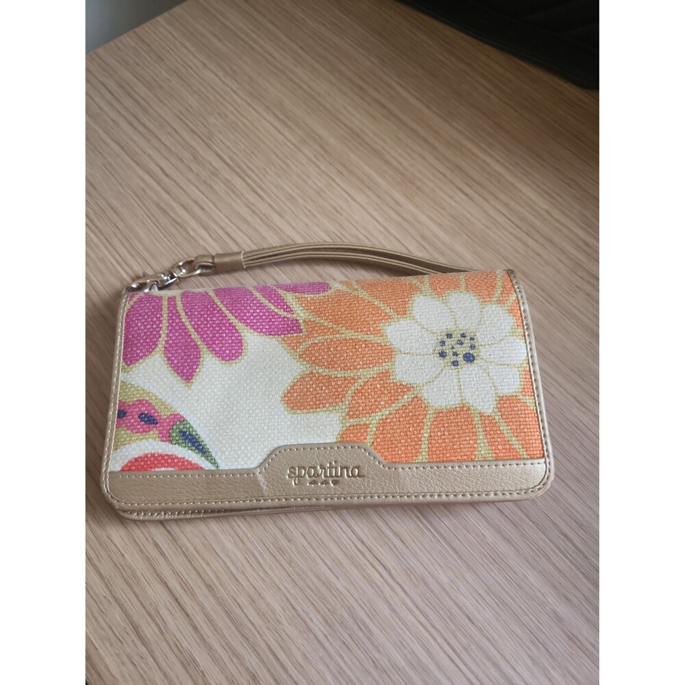 Spartina 449 Floral & Gold Linen & Leather Folio Wristlet Wallet